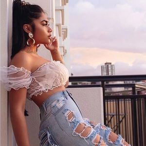 White Ruffle Mesh Crop